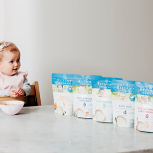 Bellamy's Organic organic cereals, baby rice, and baby porridge.