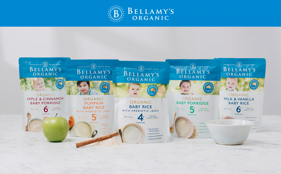 Bellamy's Organic organic cereals, baby rice, and baby porridge.